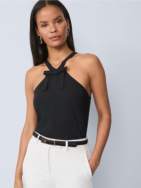 Ann Taylor Black Halter Bow-Trim Shell